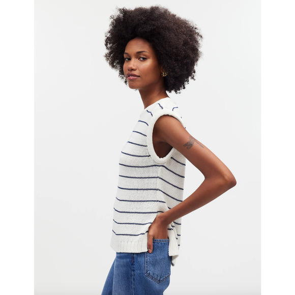 Madewell Puff Trim Sweater Vest Striped Ivory Cotton Linen Preppy XXS NWT - Picture 3 of 14